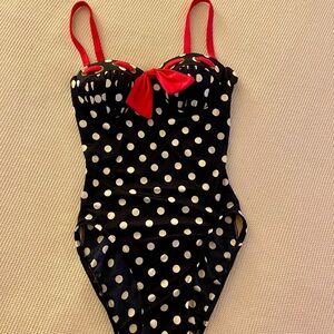 La Costa Spa Elegant Dark Blue and White Polka Dot One Piece Swimsuit